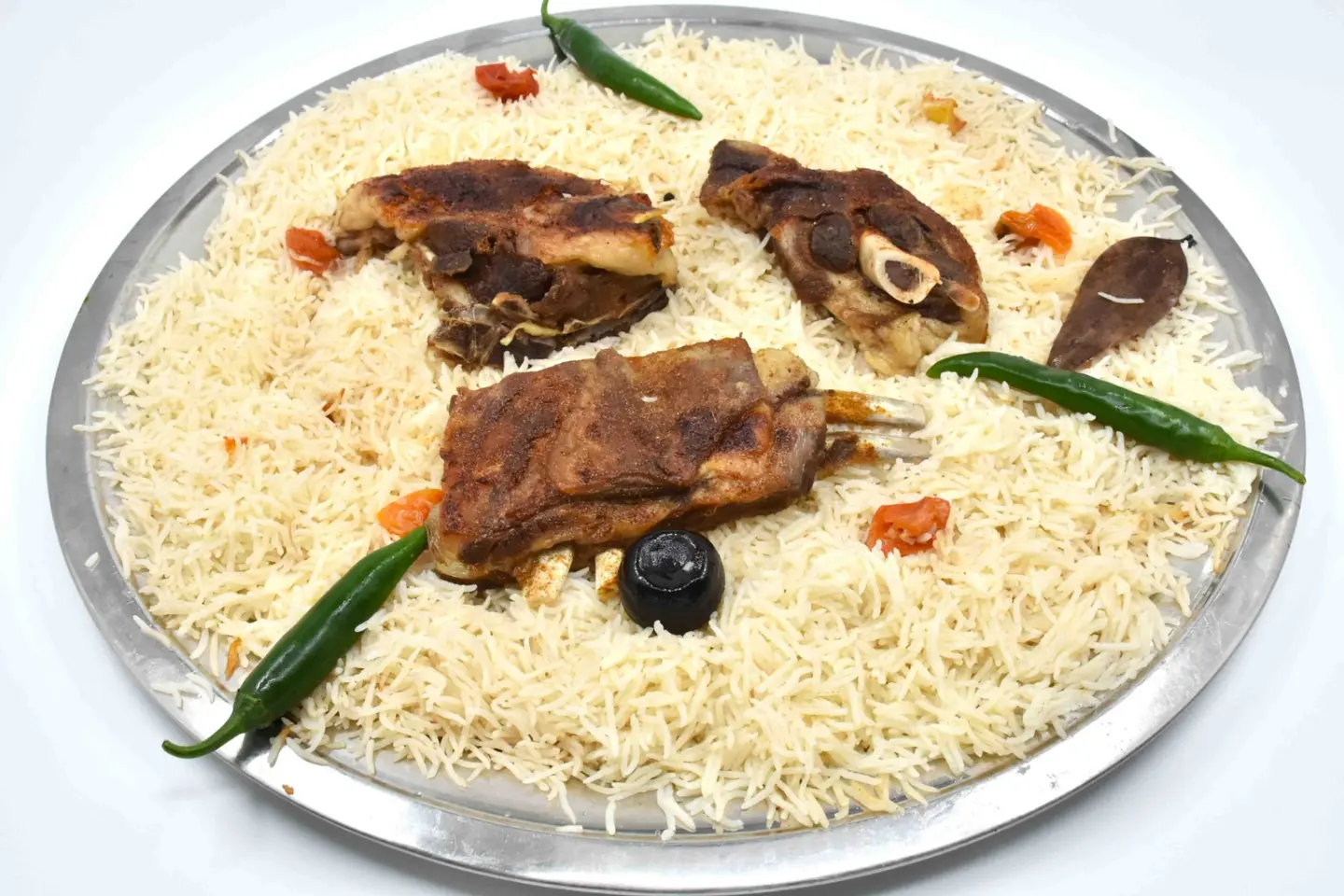 Three Small Pieces Of Meat With The Mandi Rice Hasawi Al Haramain