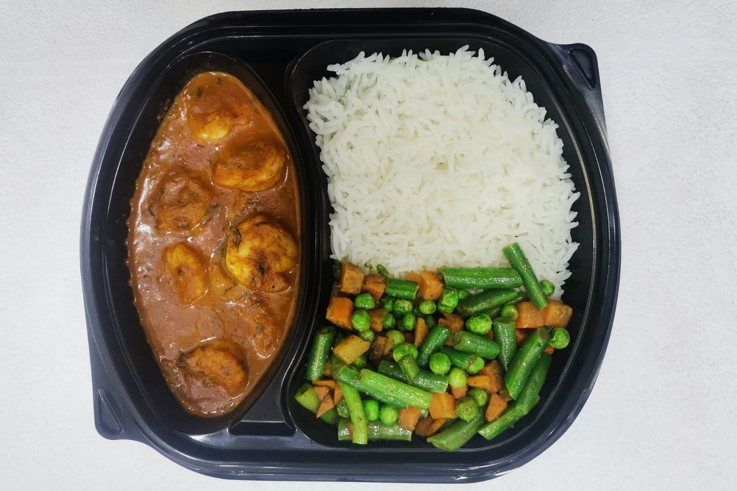 Shrimp Biryani Meal With White Rice And Sauteed Vegetables