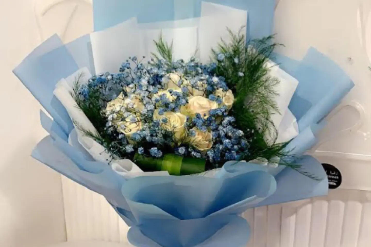 Bouquet Roses And Blue Gypsophlia