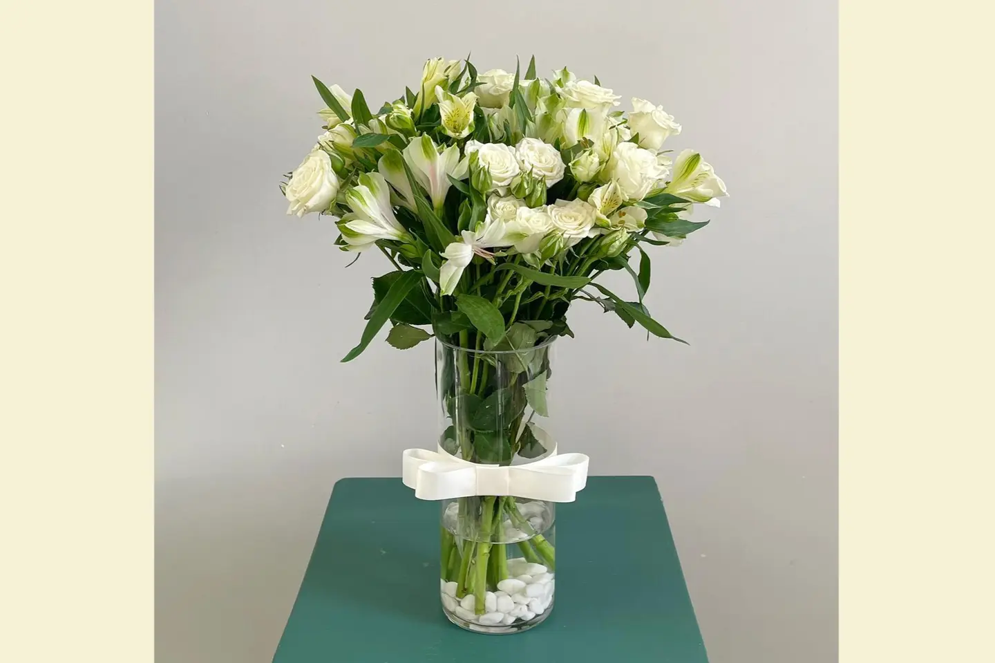 White Astromeria With Baby Rose Vase