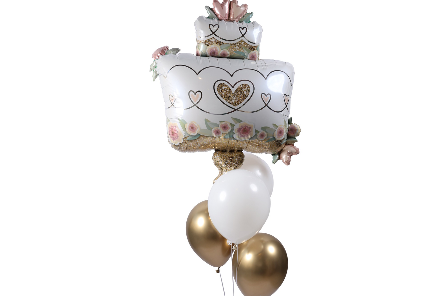 مجموعة كعكة الاحتفال بالبالونات باللونين الأبيض والذهبي