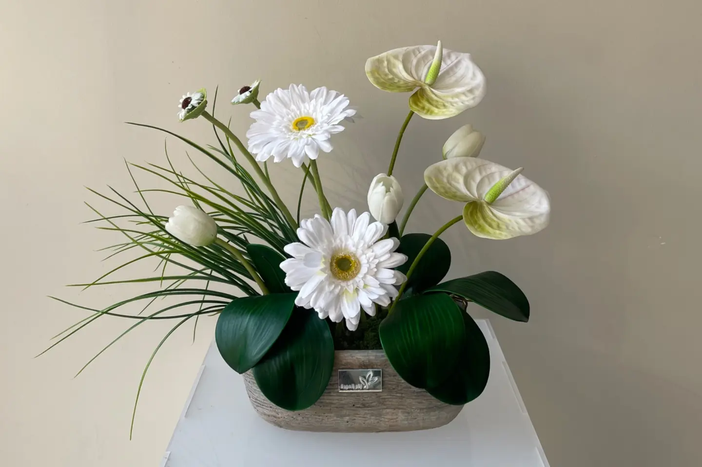 White Gerbera Vase With Anthurium