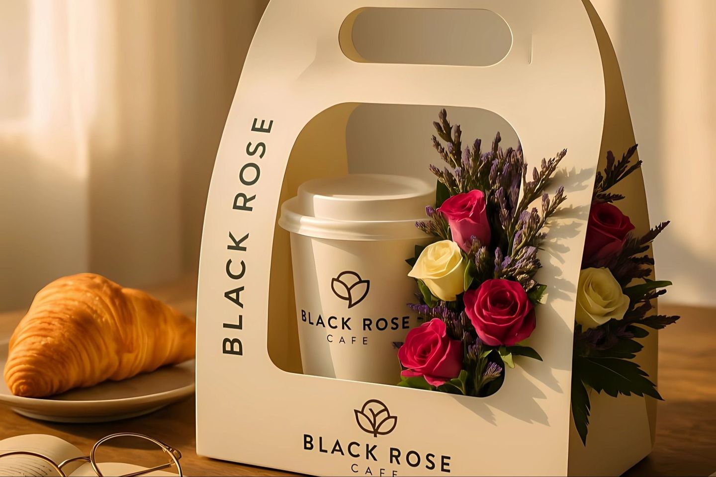 Specialty Coffee Hot With A Large Box Of Roses