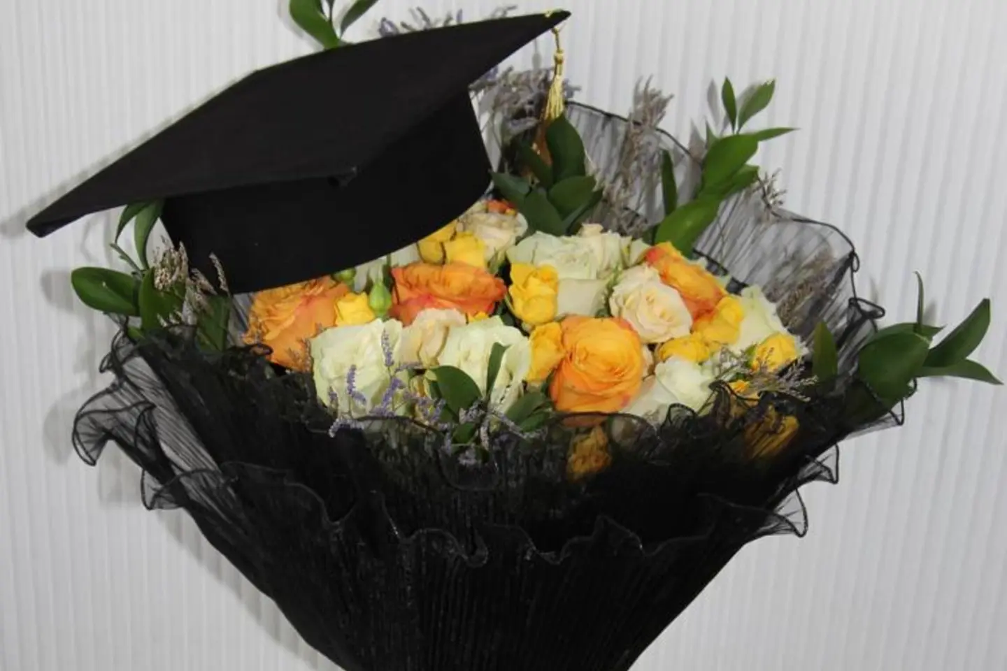 Graduation Bouquet Pink Baby Goose White Lace Cover With Graduation Ribbon