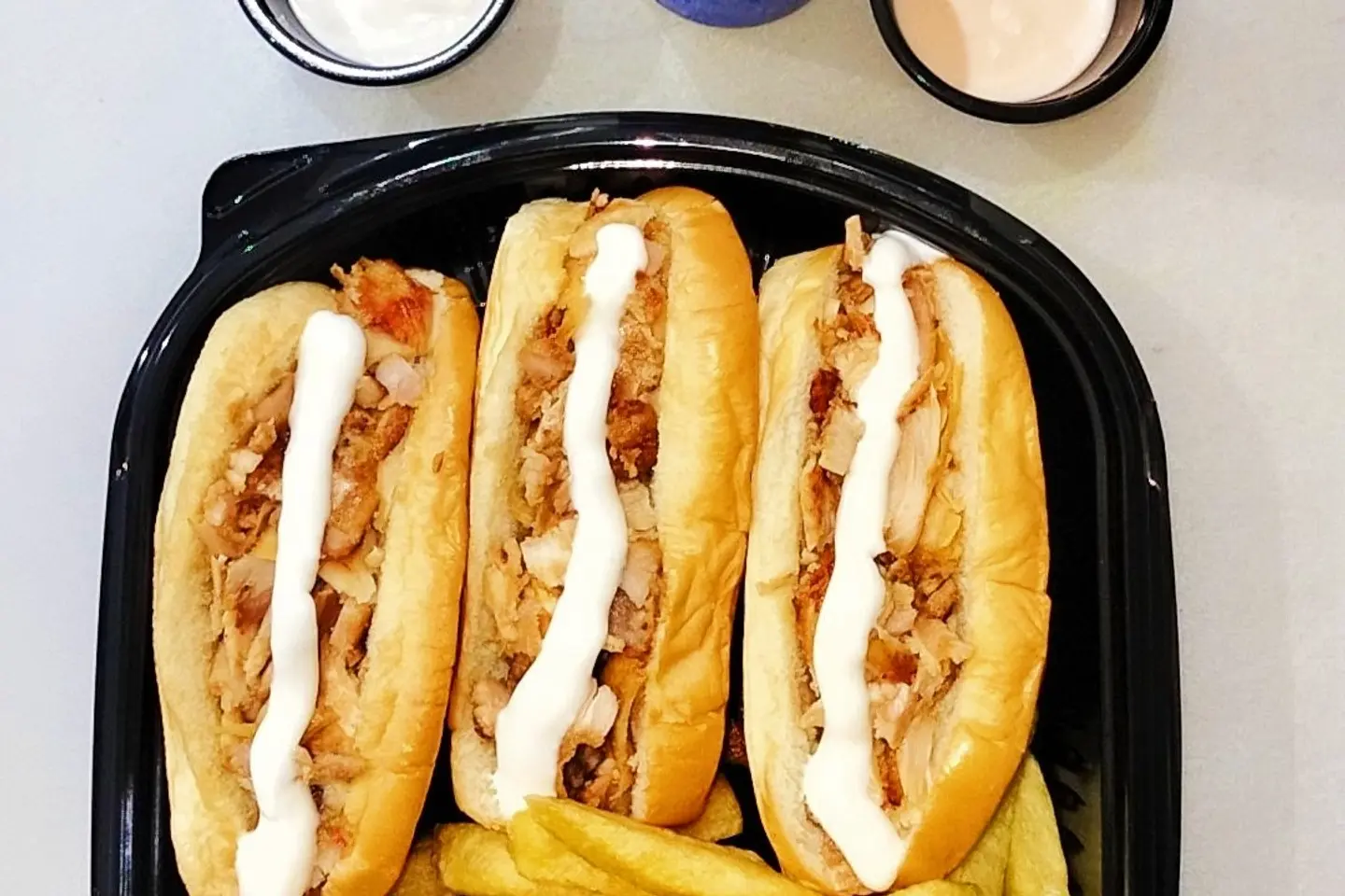 Chicken Bread Meal   3 Breads With 2 Sauces And A Drink Inside   Garlic Sauce   Pickles   Potatoes