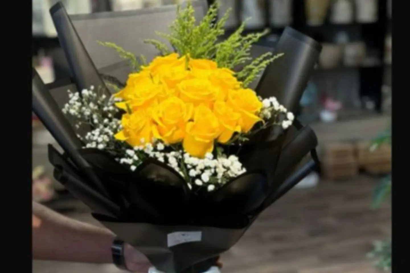 A Bouquet Of Yellow Roses Gypsophila Branches And Green Sultanas Branches   Transparent Black Cover