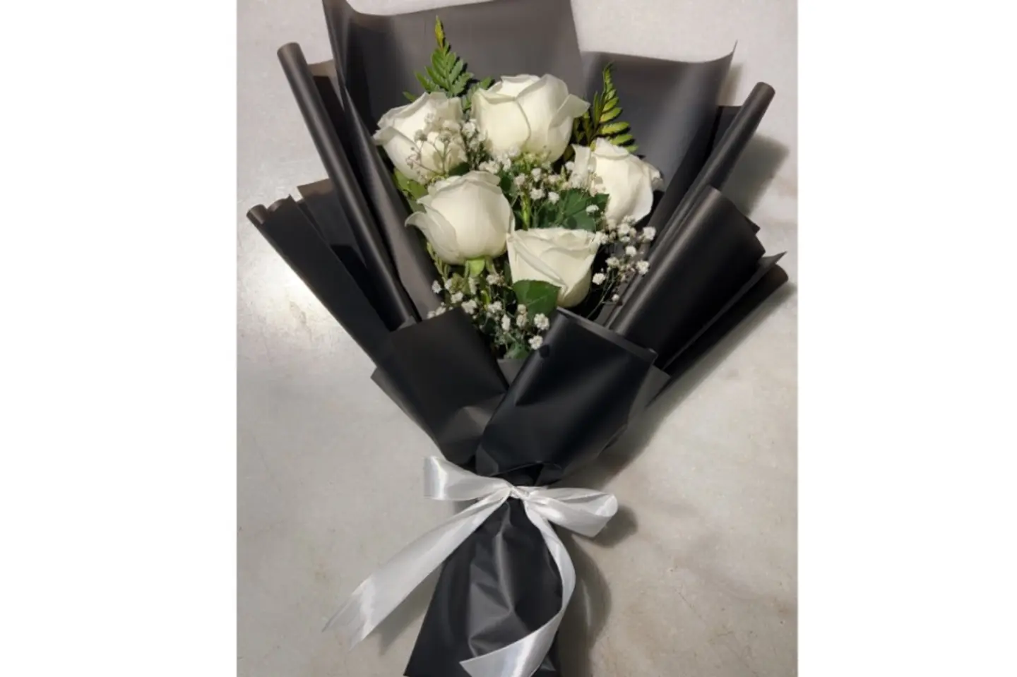 White Rose Bouquet With Black Wrapping