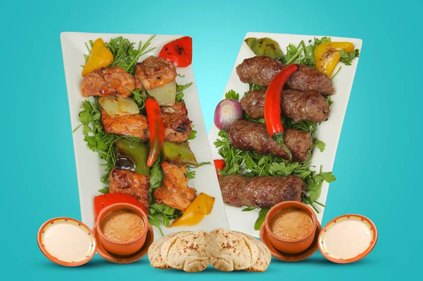 شيش طاووق + كباب لحم + ٢ شوربة لسان + طحينة