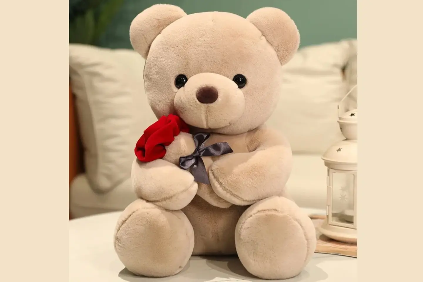 Beige Teddy Bear With Rose Size 45 Cm