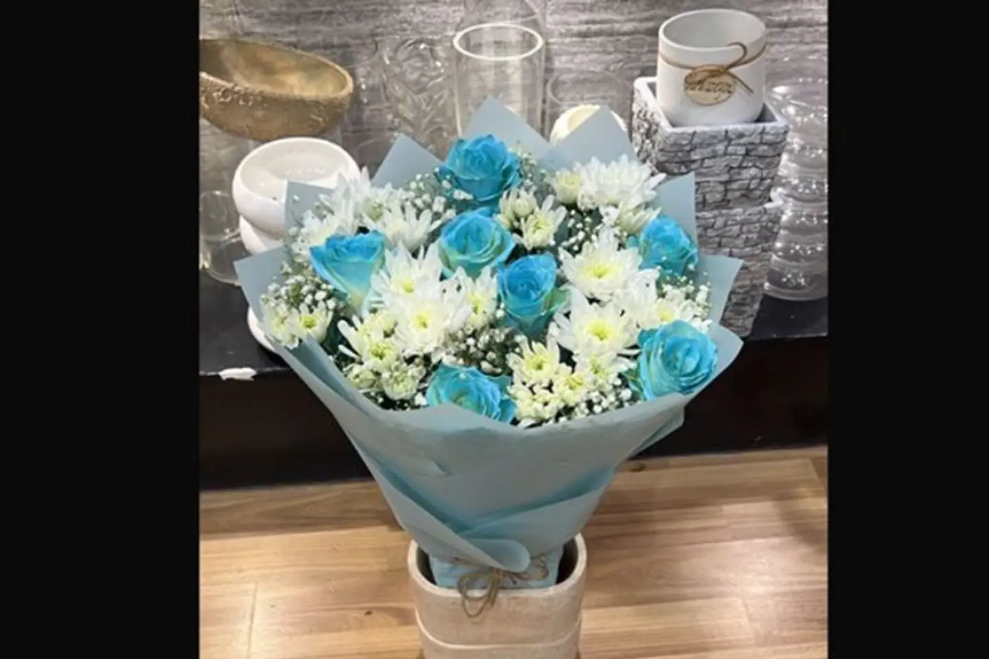 Newborn Bouquet   Sky Blue Roses And White Cherries