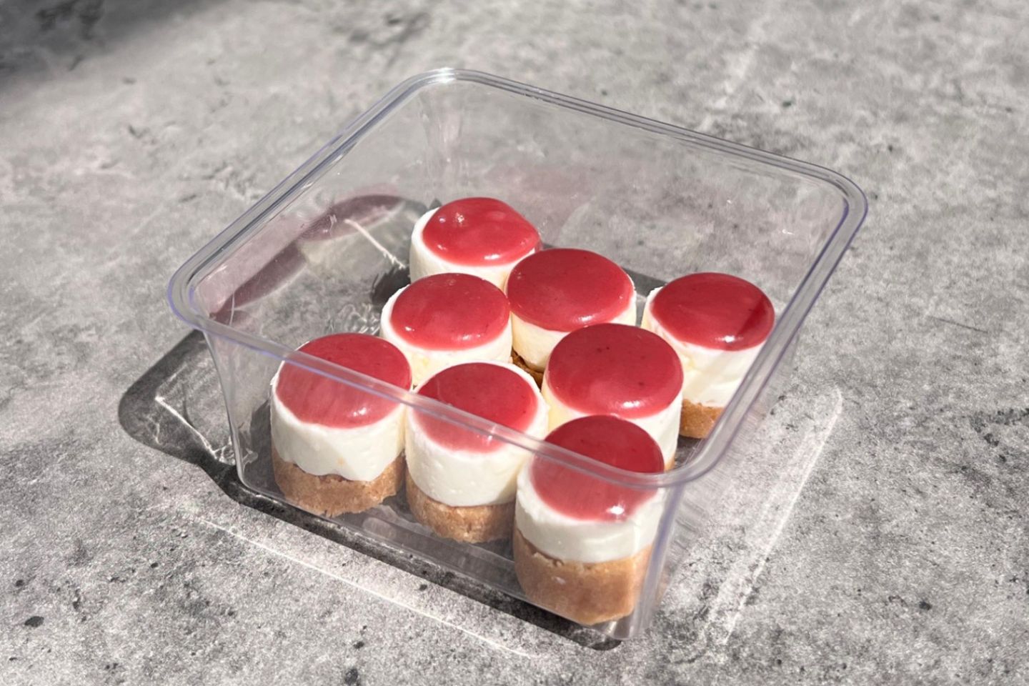 Tiny Mix Berries And Strawberry Cheesecake The Size Of The Piece Two Cm In Two Cm