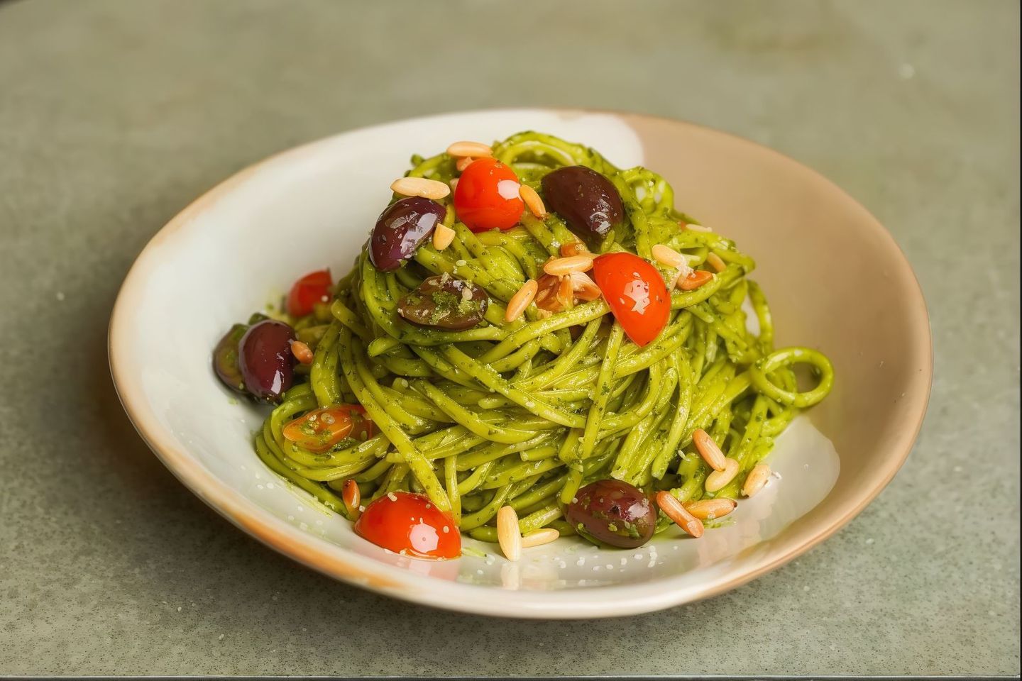 Linguine Al Pesto With Kalamata Olives