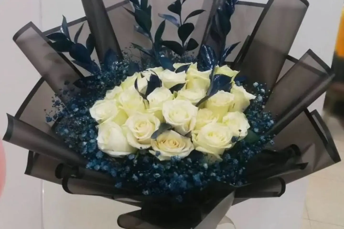 Bouquet White Roses And Blue Gypsophila