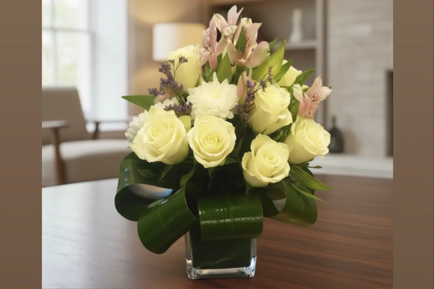 مزهرية بيضاء ووردية