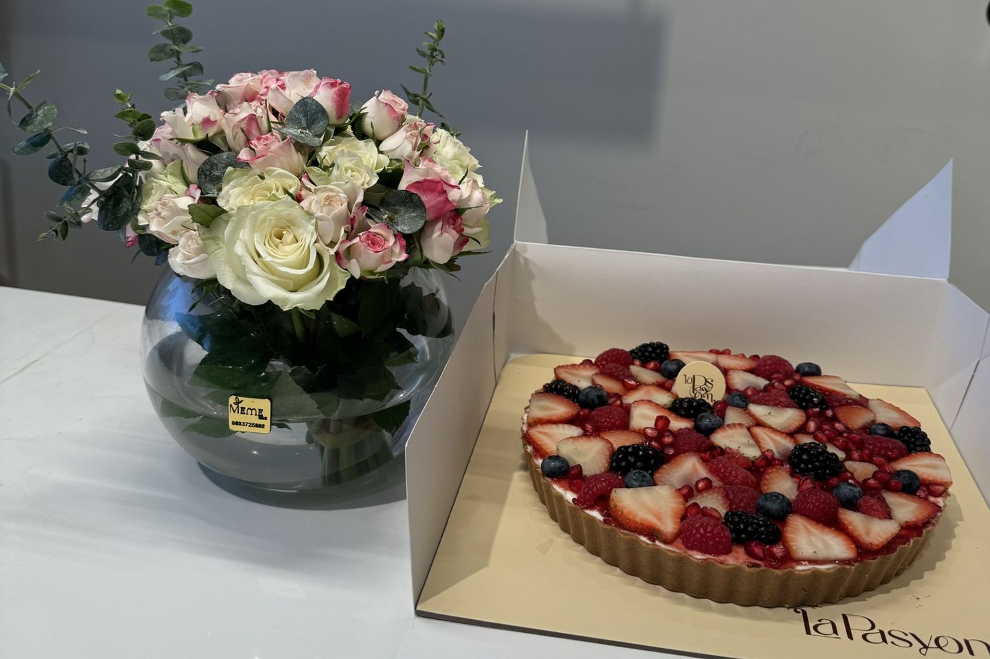 Golden Tart With A Vase Of Roses