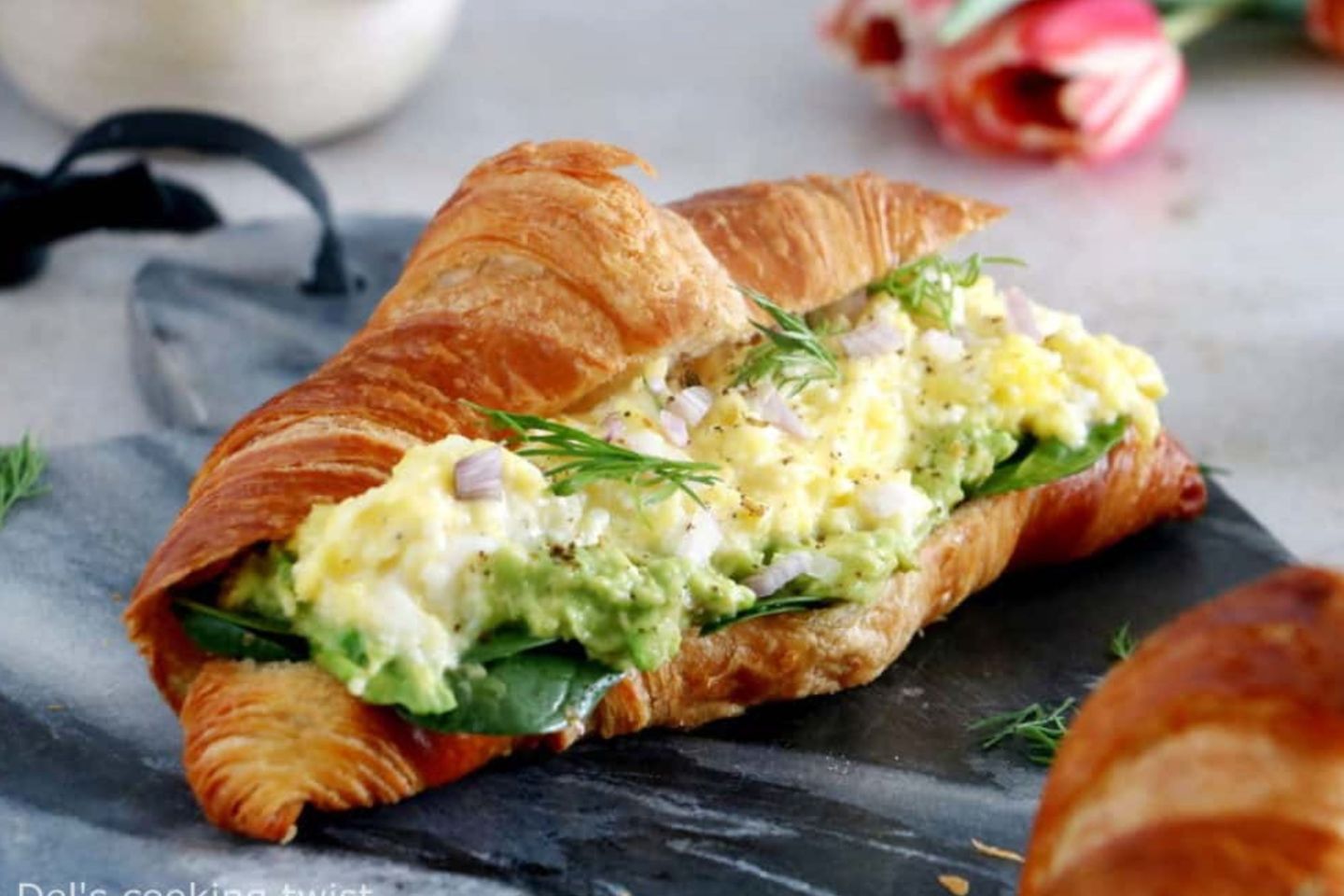 Scrambled Eggs Croissant With Hot Coffee