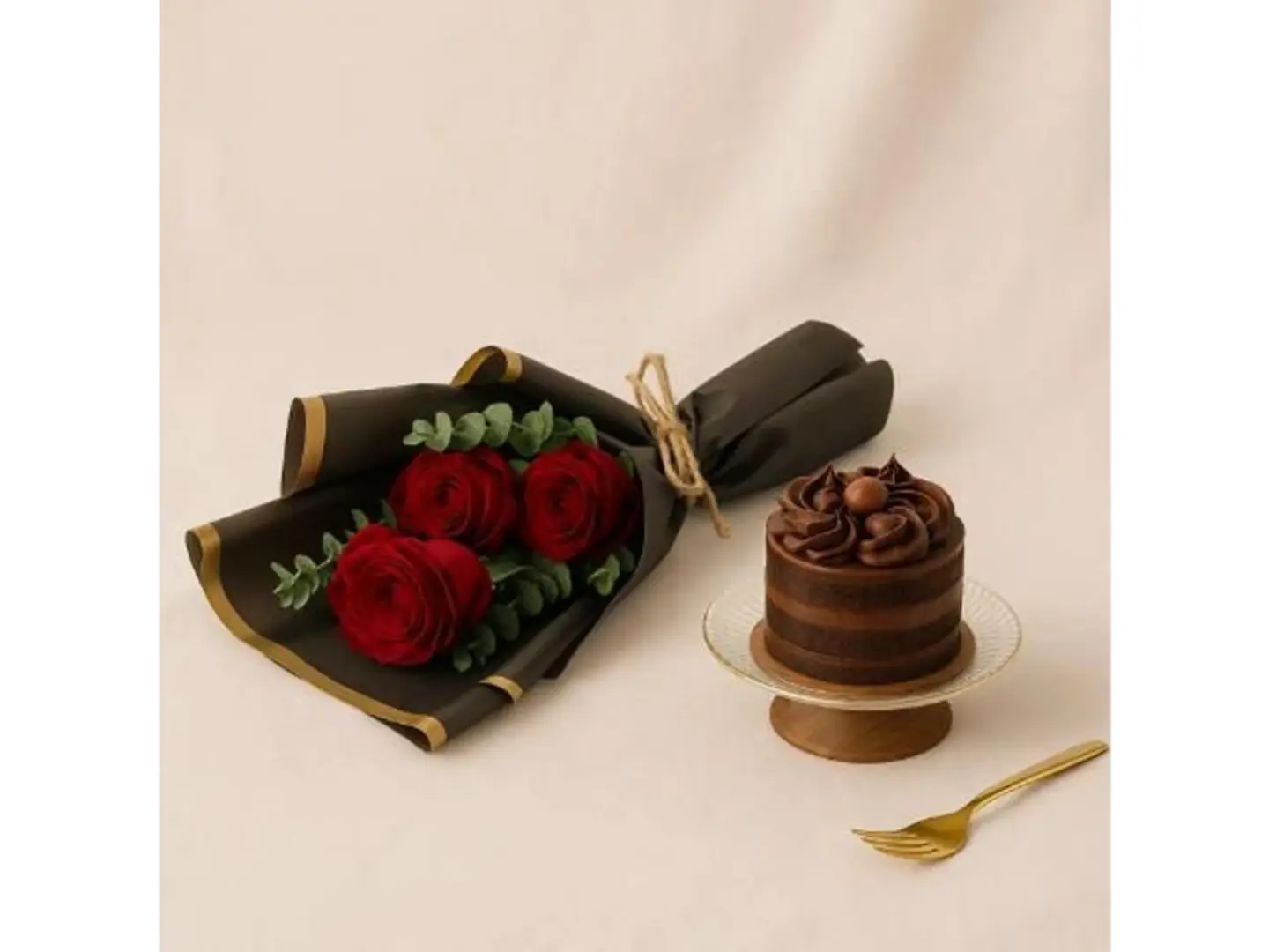 A Bouquet Of Red Roses With A Mini Chocolate Cake – A Luxurious Rose And Cake Gift