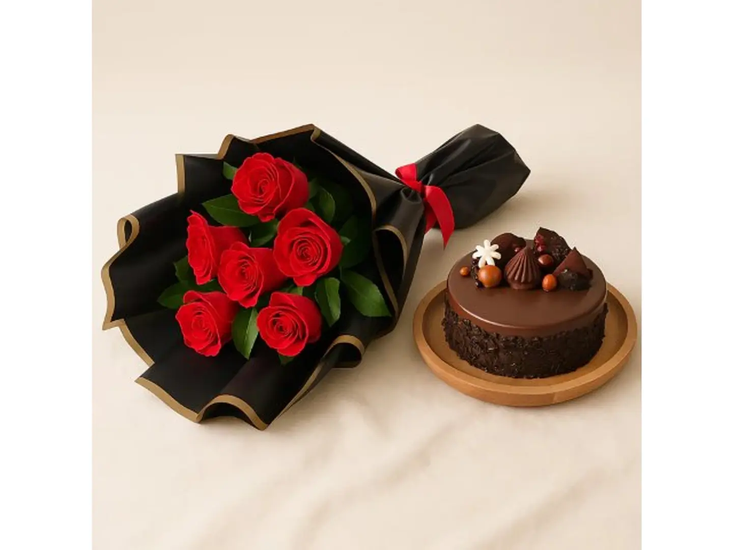 باقة كعكة وورود رومانسية - زهور وكعكة