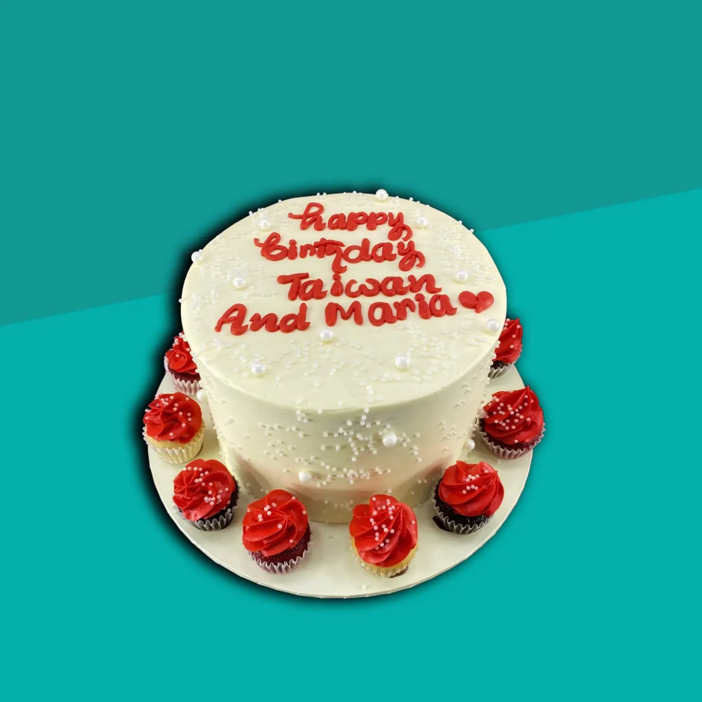 White Cake With Red Cupcakes