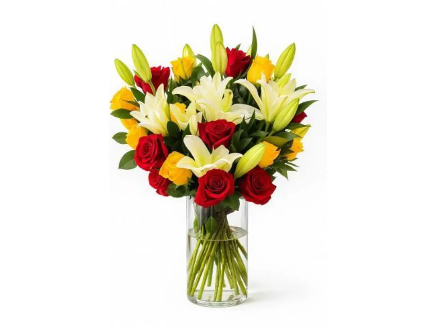 عبير زنابق بيضاء ملكية مع ورود حمراء وصفراء