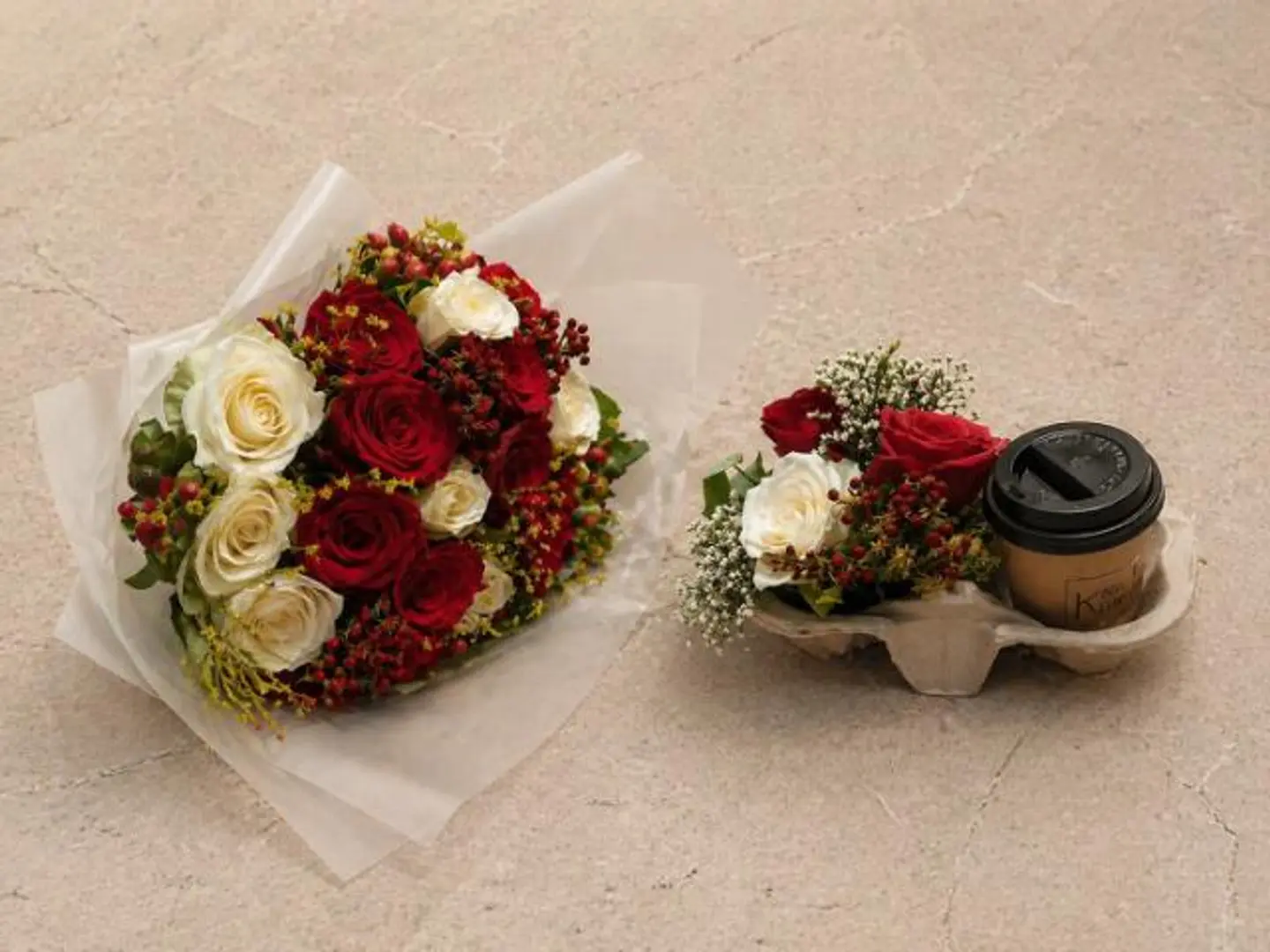 Coffee Stand With Flowers And Flower Bouquet