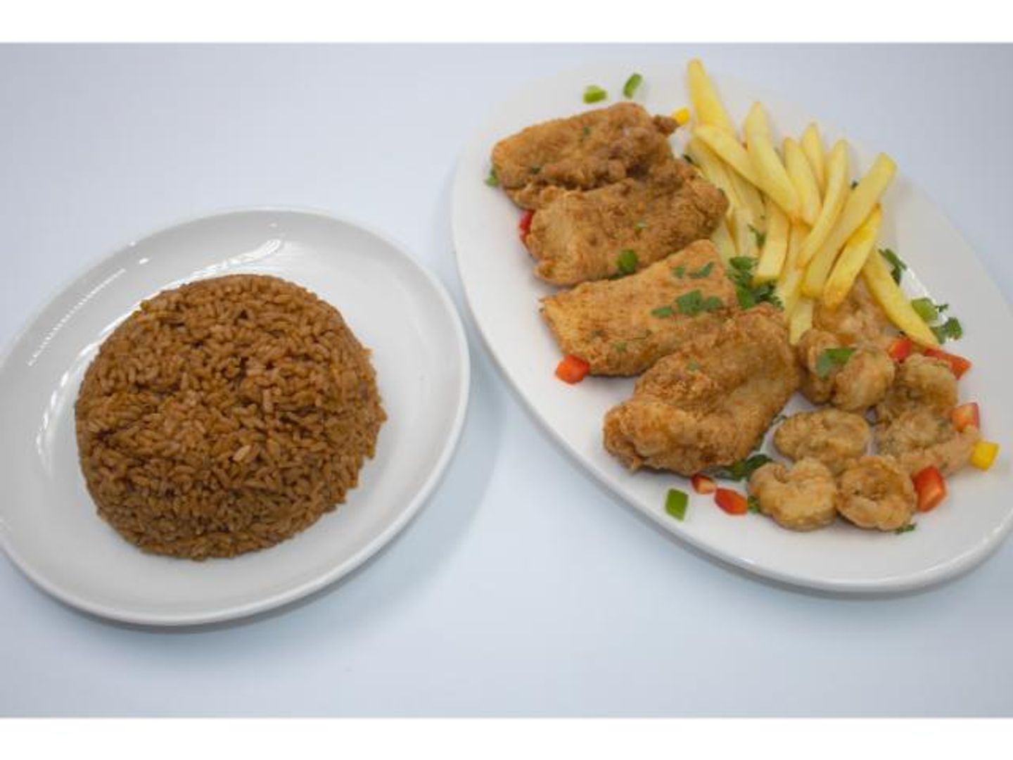 Fried Filliet Fish And Shrimp With Rice With Fries Meal