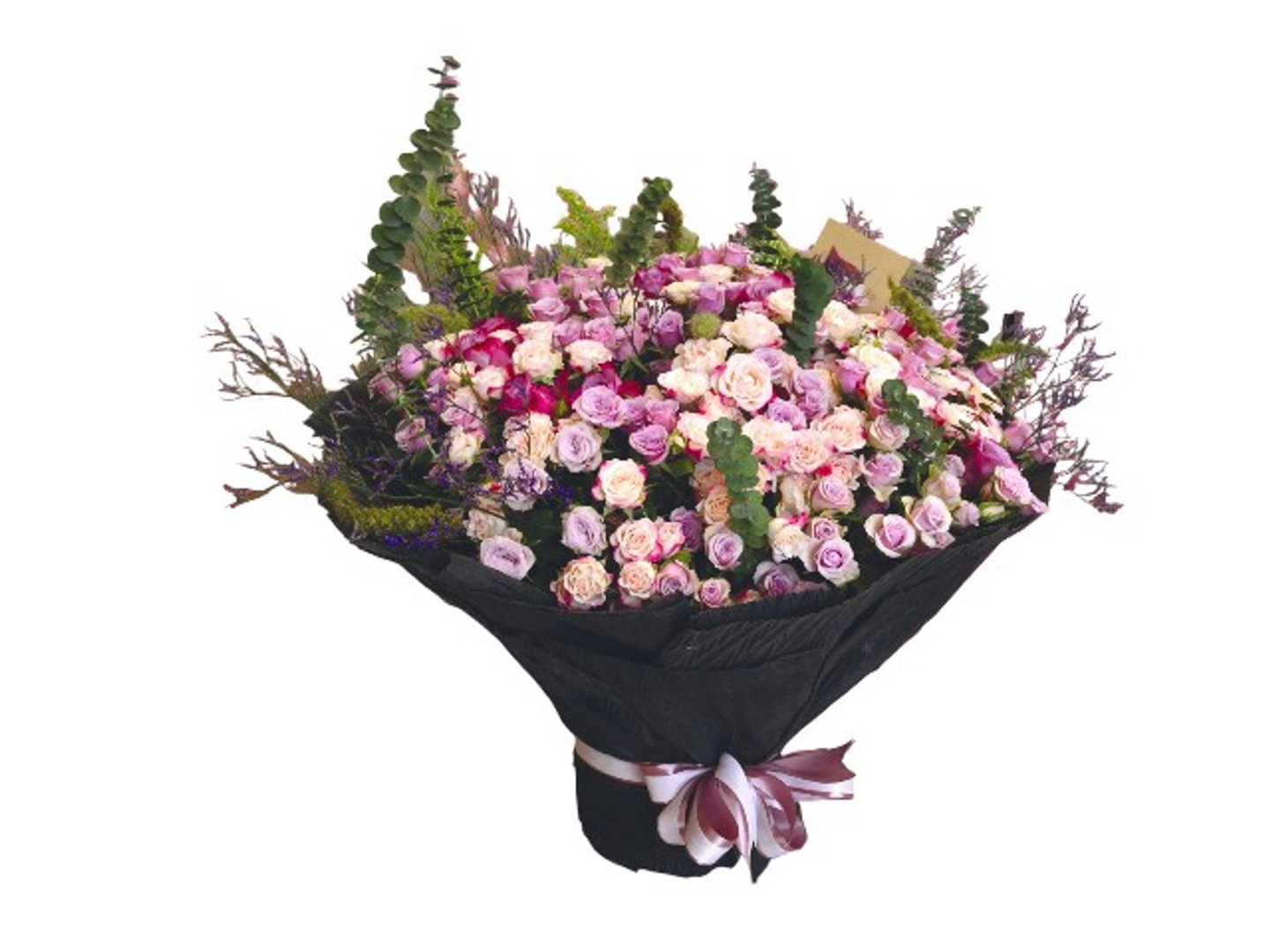 1001 Base Bouquet Of 40 Baby Roses, Yellow And Pink With The Addition Of Eucalyptus