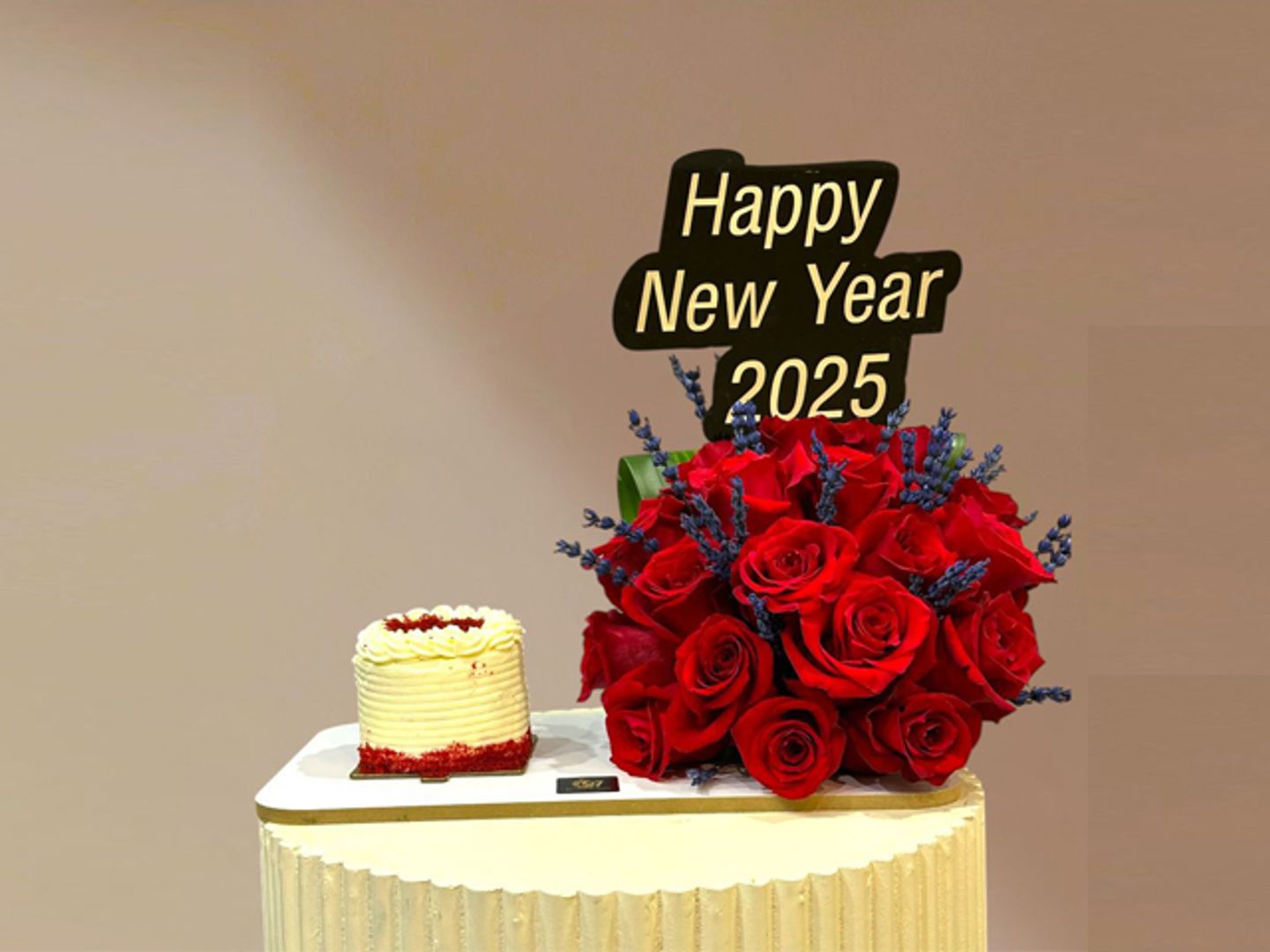 Cake With Red Roses And New Year's Garnish