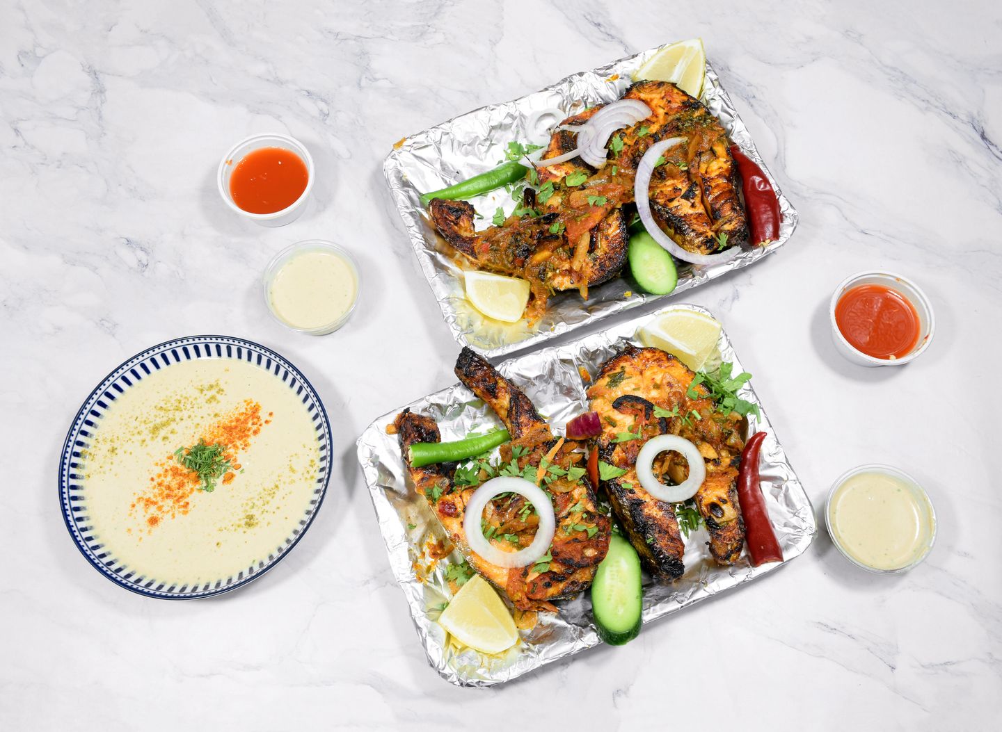 Salmon Meal With Rice With Fillet With Spicy Salad With Tahini