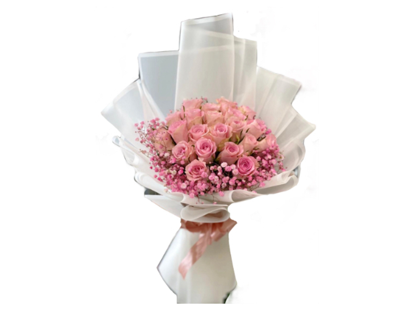 ١٨- باقة روز وردي و جبسوفيليا وردي