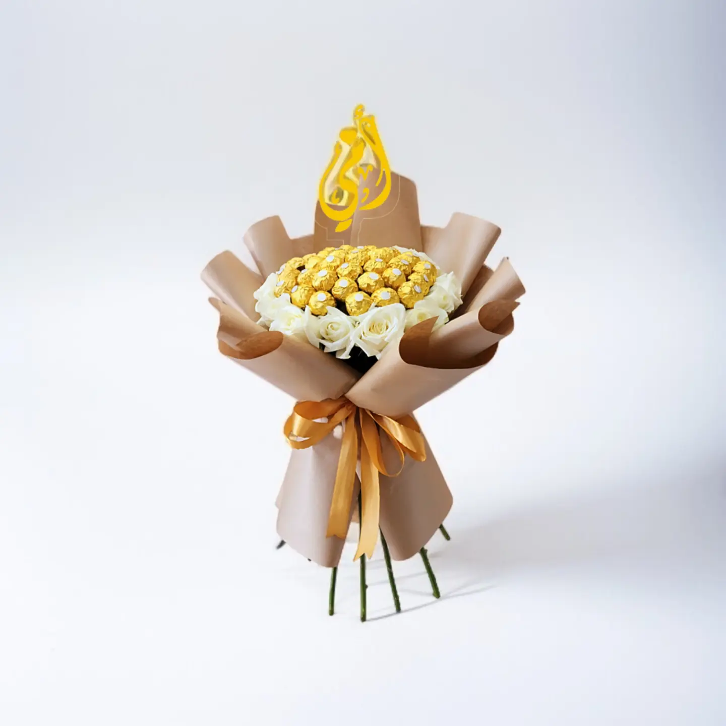 A Round Bouquet Of Roses With Chocolate Frills