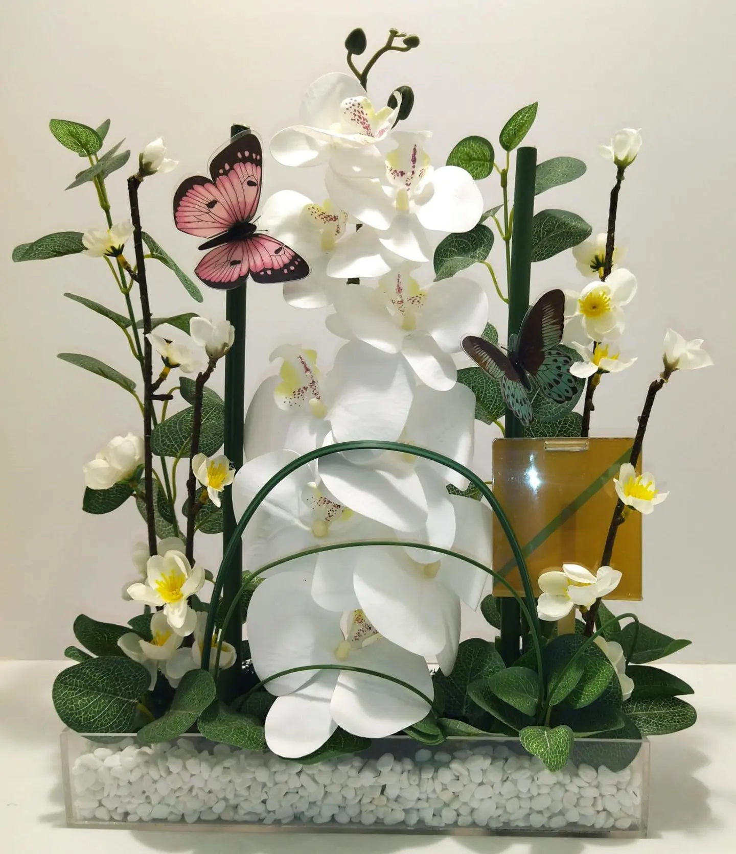 Acrylic Sculpture With Orchid Branches And A Butterfly