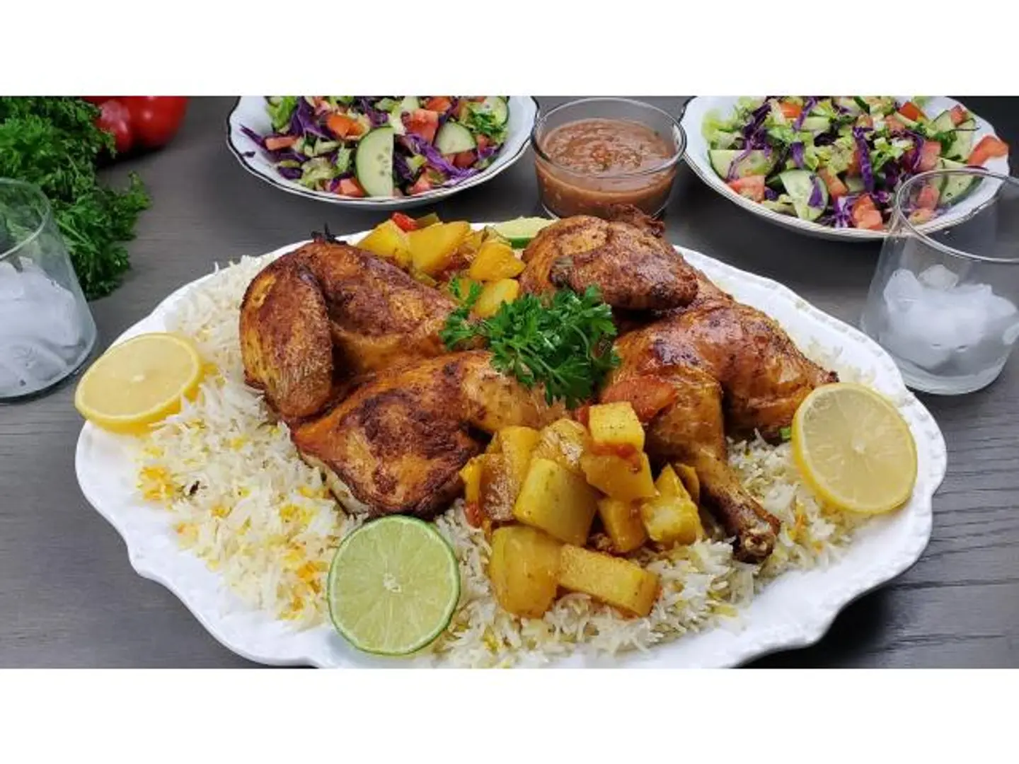 Quarter Oven Baked Chicken Thigh With Rice, Vegetables, Soup, And Salad