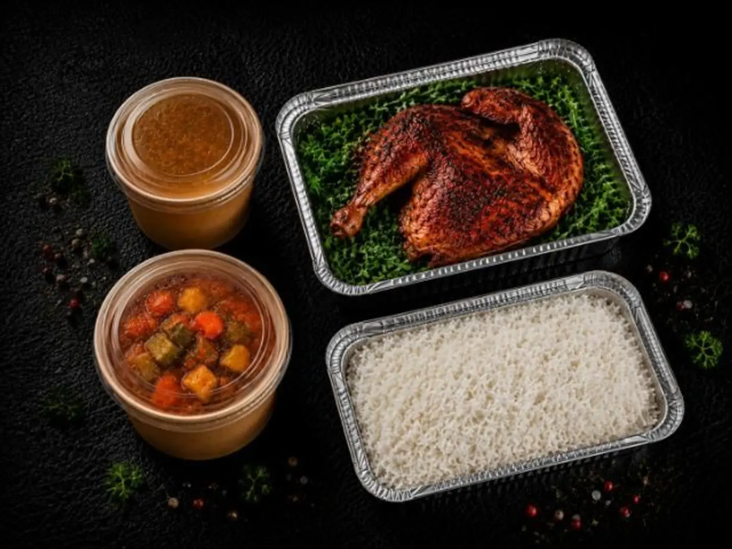 Half A Roasted Chicken Meal With Rice, Vegetables, And Soup