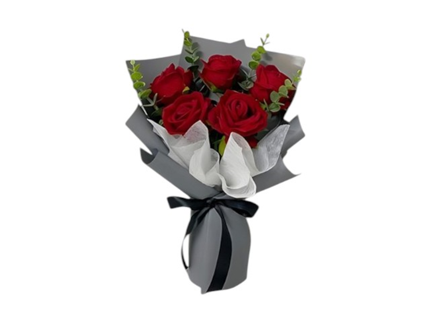 2002 Hand Bouquet With 5 Red Roses With Eucaliptus