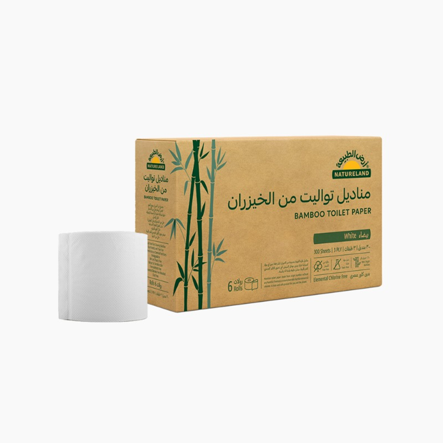 مناديل تواليت بيضاء من الخيزران ٦ رولات - ٣٠٠ منديل - ٣ طبقات