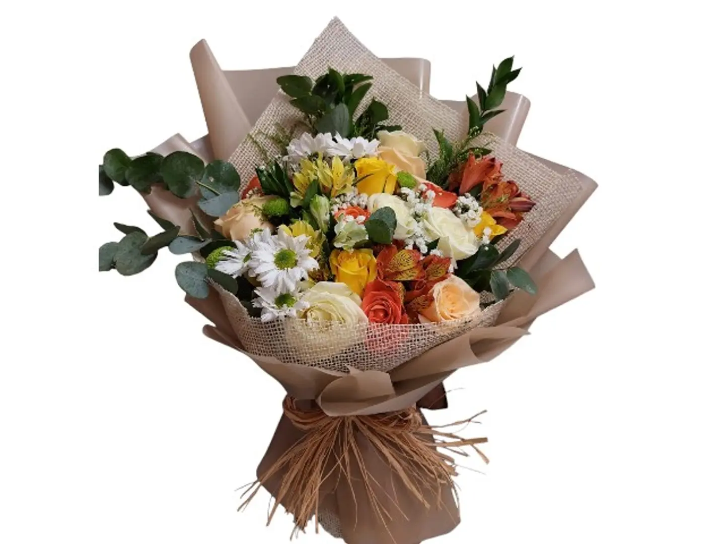 1020 Hand Bouquet Of 2 White Chrianthemum ,2 Orange Astramaria, 2 Yellow Astramiri, 12 Mixed Roses ,Gypsophilia