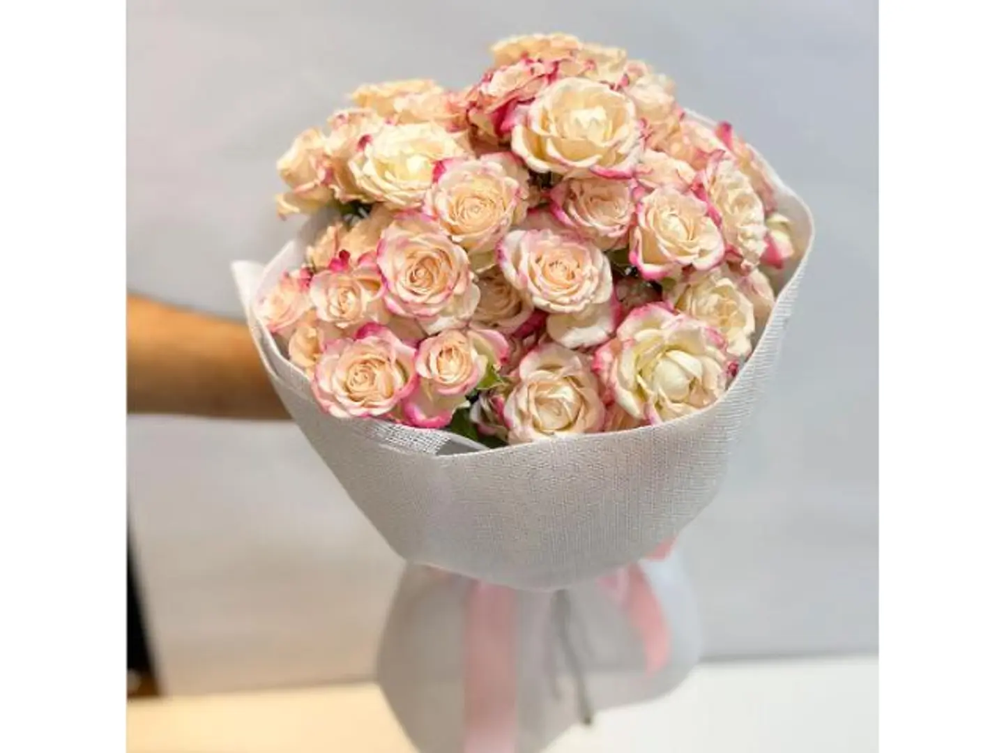 Baby Rose Natural White Bouquet With Pink Trim 226