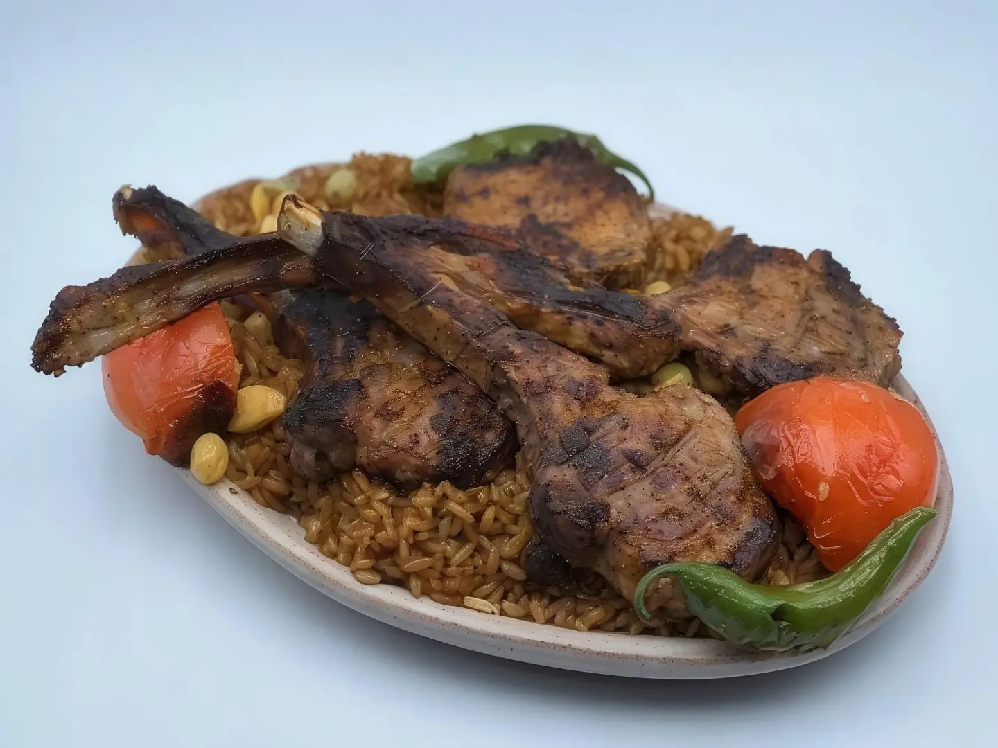 ريش ضاني مشوية مع أرز بالخلطة