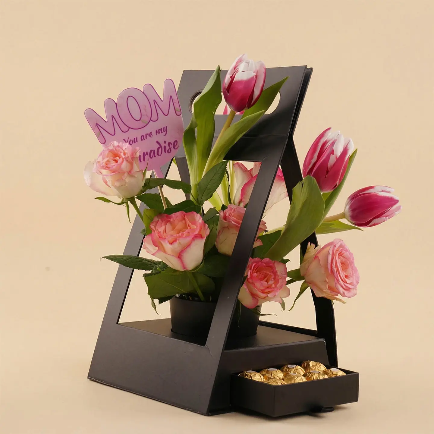 Pink Rose Stand For Mom With Chocolates