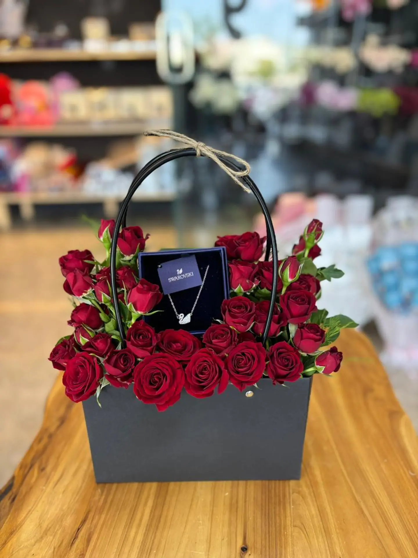 Swarovski Necklace With Red Flowers Box And Cloth Bag. The Shape Of The Chain May Change Depending On Availability