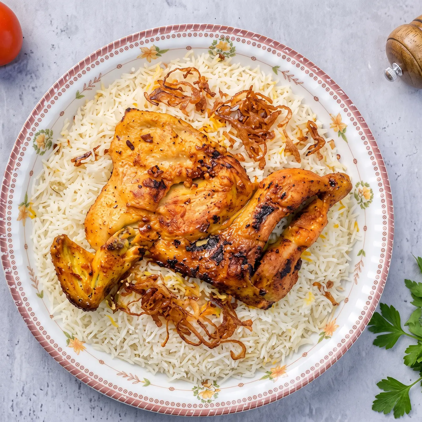 دجاج مظبي - حبه كاملة مع رز بشاور