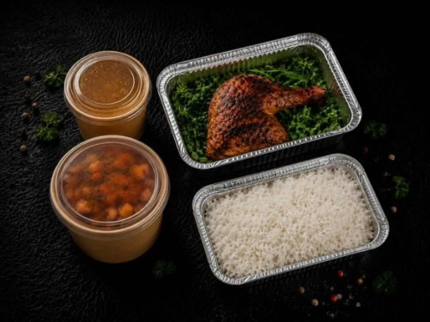 Half A Charcoal Chicken Meal With Rice, Vegetables, And Soup