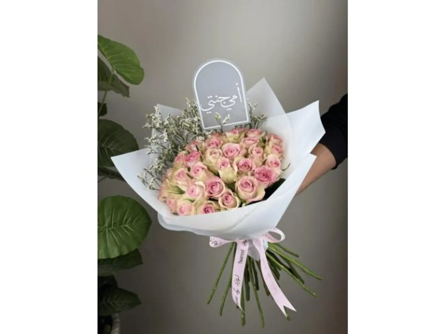 Pink Rose Bouquet With A Plant