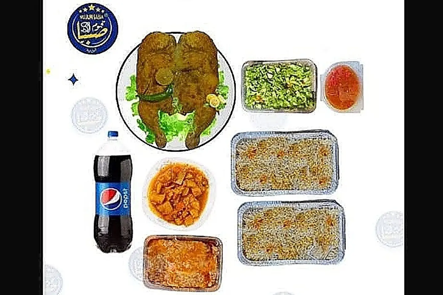 Buried Chicken Two Mandi Rice Large Marina Mixed Side Dish Large Vegetable Salad Spicy Salad Family Pepsi