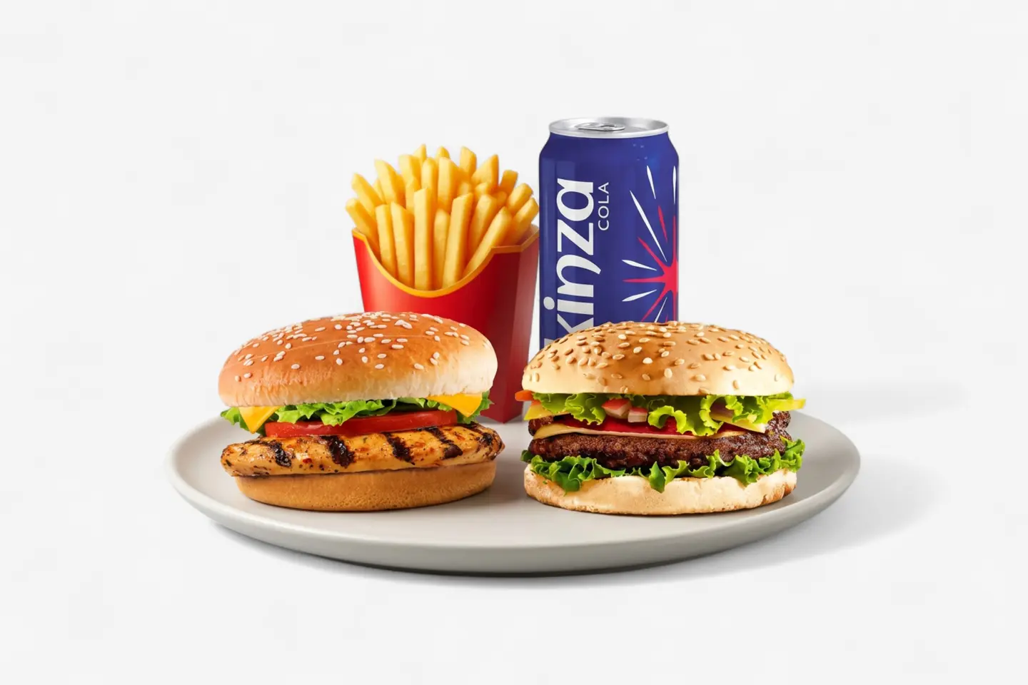 Grilled Burger Combo   2 Burgers (Beef Or Chicken) With French Fries And Kenza Cola