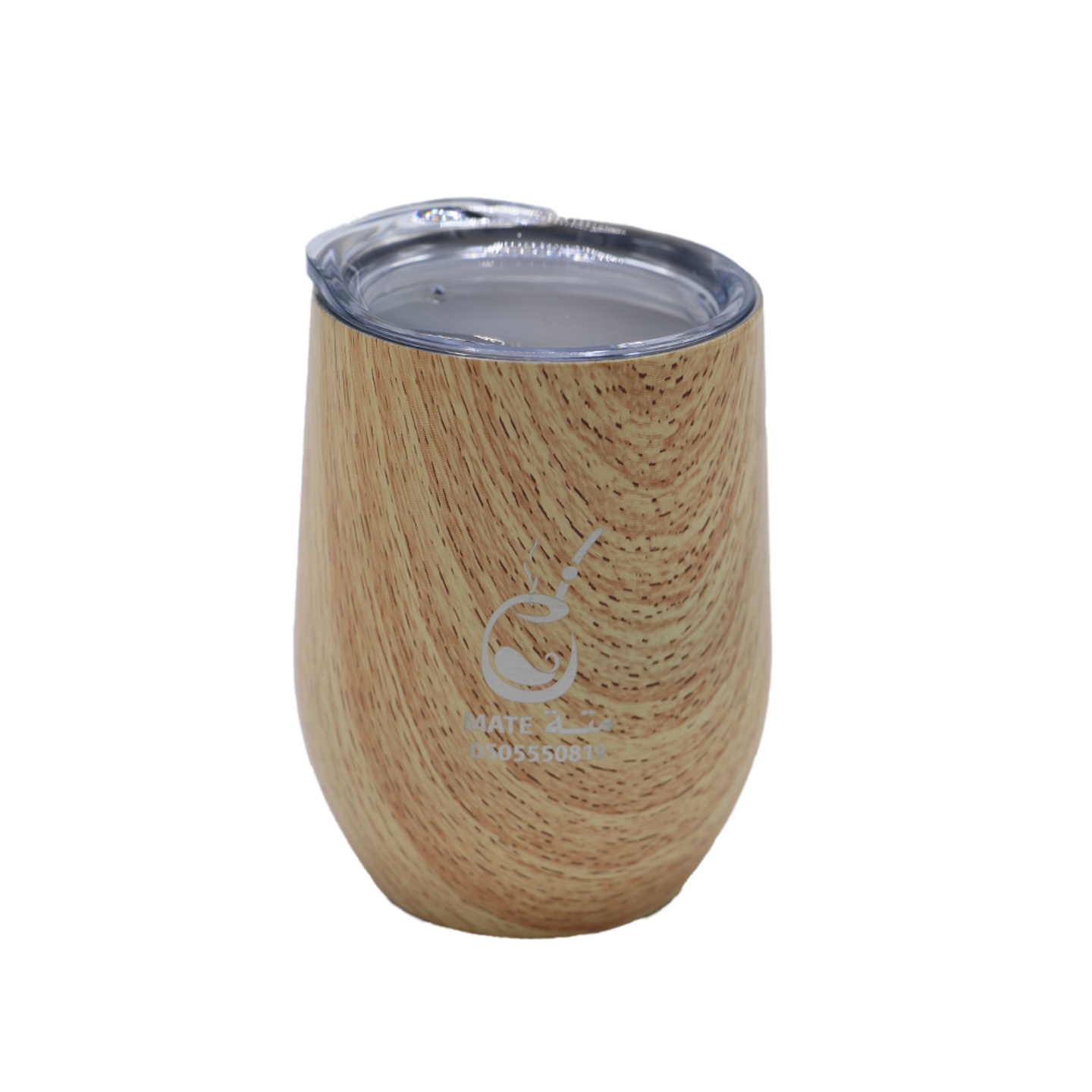 Light Wood Colored Stainless Steel Mate Cup With A Lid 350ml Capacity