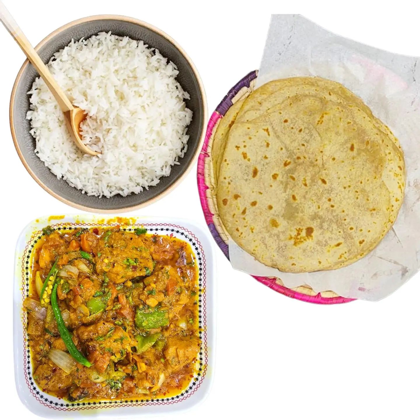 Chicken Kadai Boiled Rice Tawa Chapati 4 Pcs Double