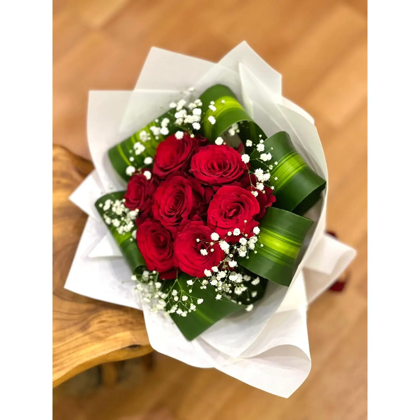 White Bouquet With Natural Red Roses