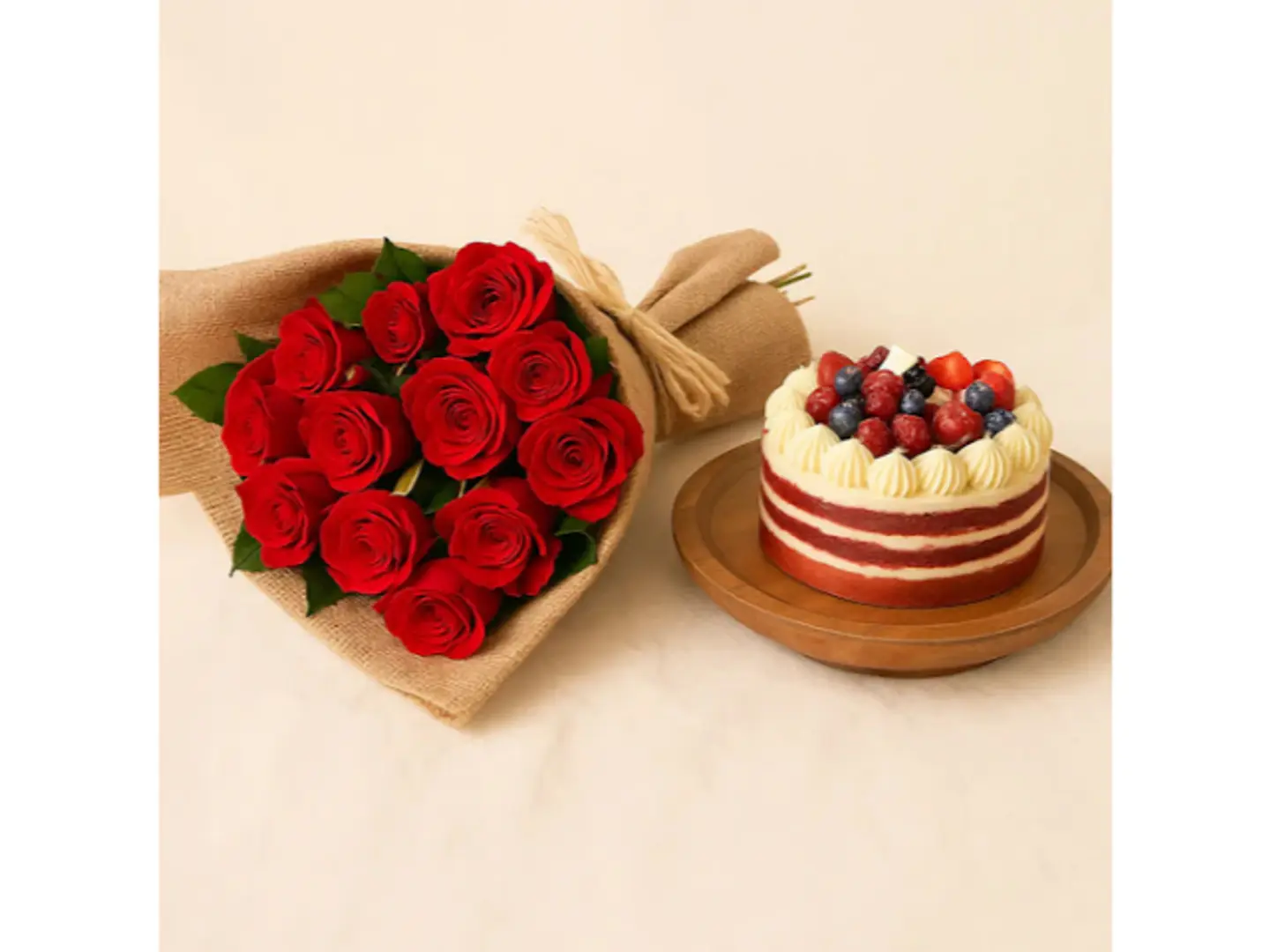 باقة من ١٢ وردة حمراء مع نصف كيلو من كعكة ريد فيلفيت